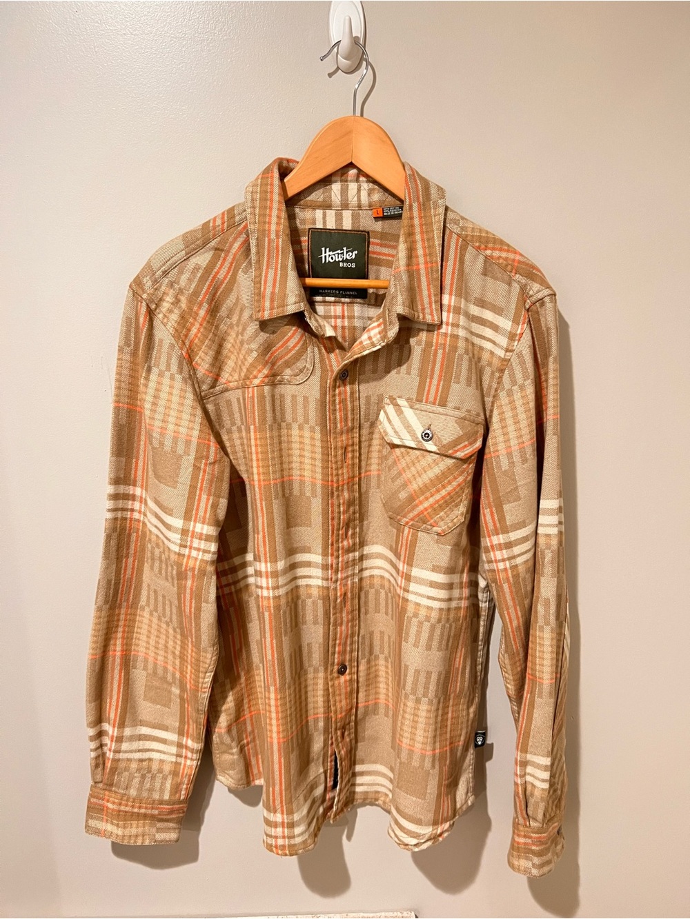 Howler Brothers Harkers Flannel Tan Plaid Button-Down Shirt with Orange Accents